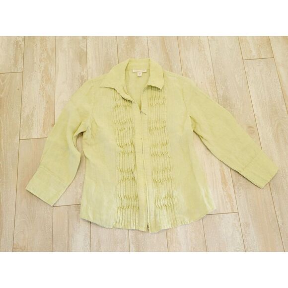 Coldwater Creek Small Linen Zip Up‎ Jacket Lime Green Ruffle Front - Picture 1 of 8